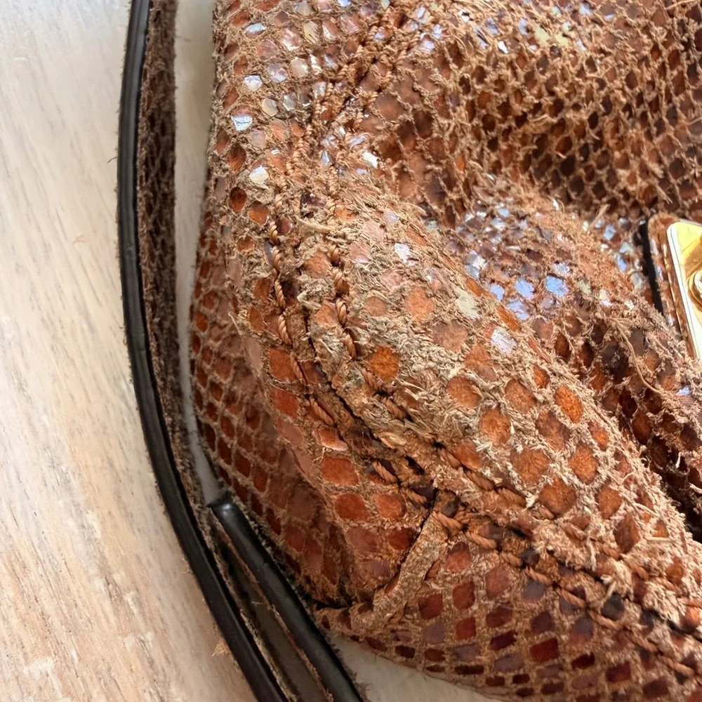 Michael Kors Crossbody Bag Womens Small Brown Snakeskin Embossed Gold Hardware